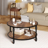 Table basse ronde Garvee en bois avec rangement, pieds robustes en métal, style vintage, idéale pour le salon, la salle à manger ou le bureau. Modèle à 2 niveaux, couleur marron.