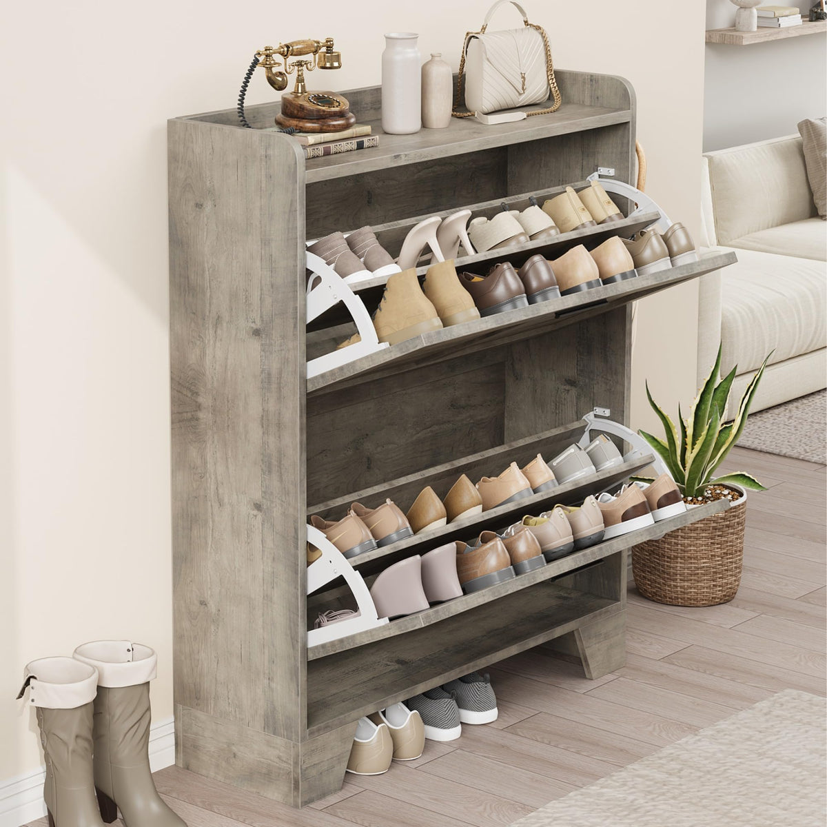 Garvee meuble à chaussures pour entrée, avec 2 tiroirs abattants, en bois vert p2, ventilé, résistant aux rayures, étroit, profondeur 35 cm