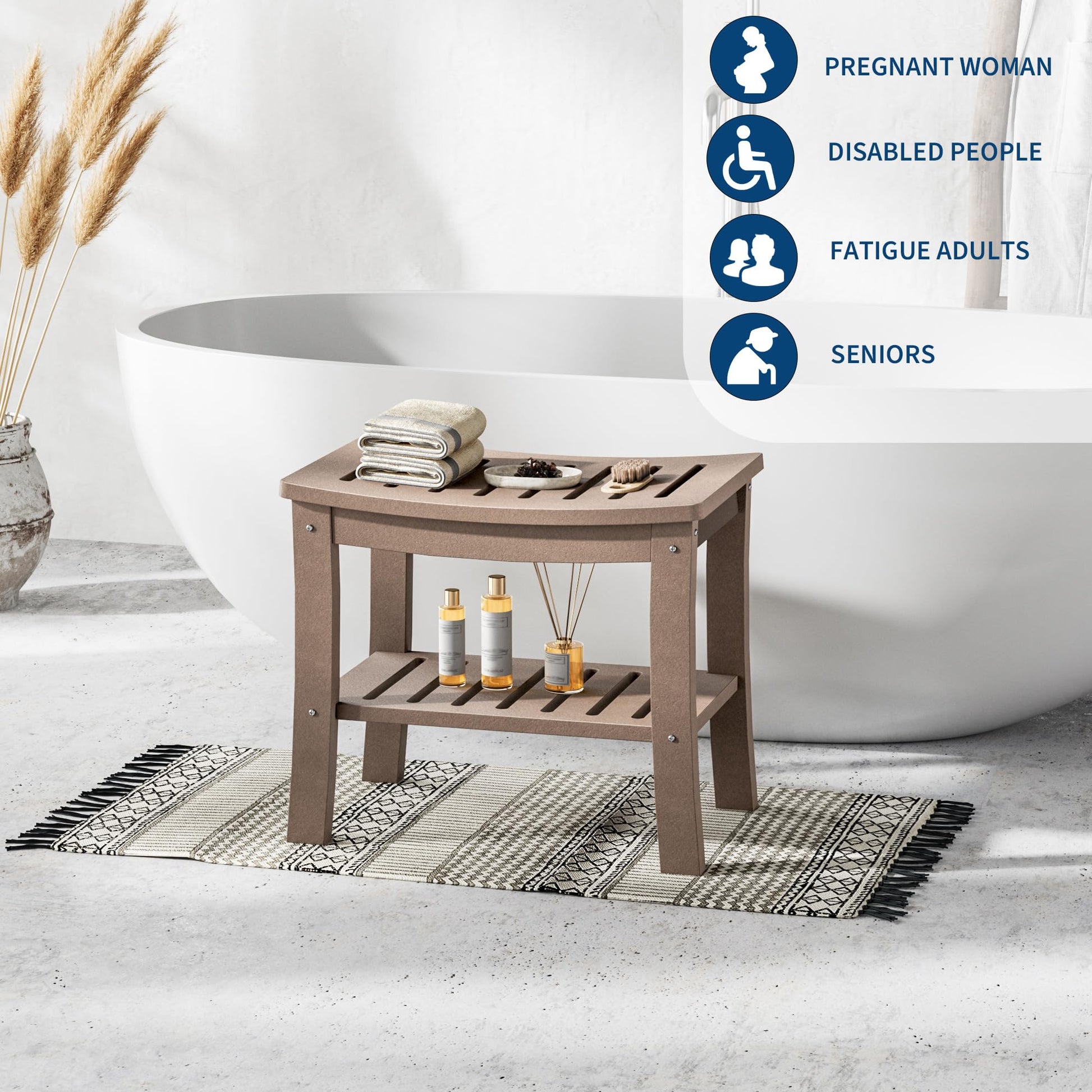 Banc de douche Garvee en PEHD avec étagère pour salle de bain et baignoire, aspect bois, imperméable, résistant aux rayures, polyvalent