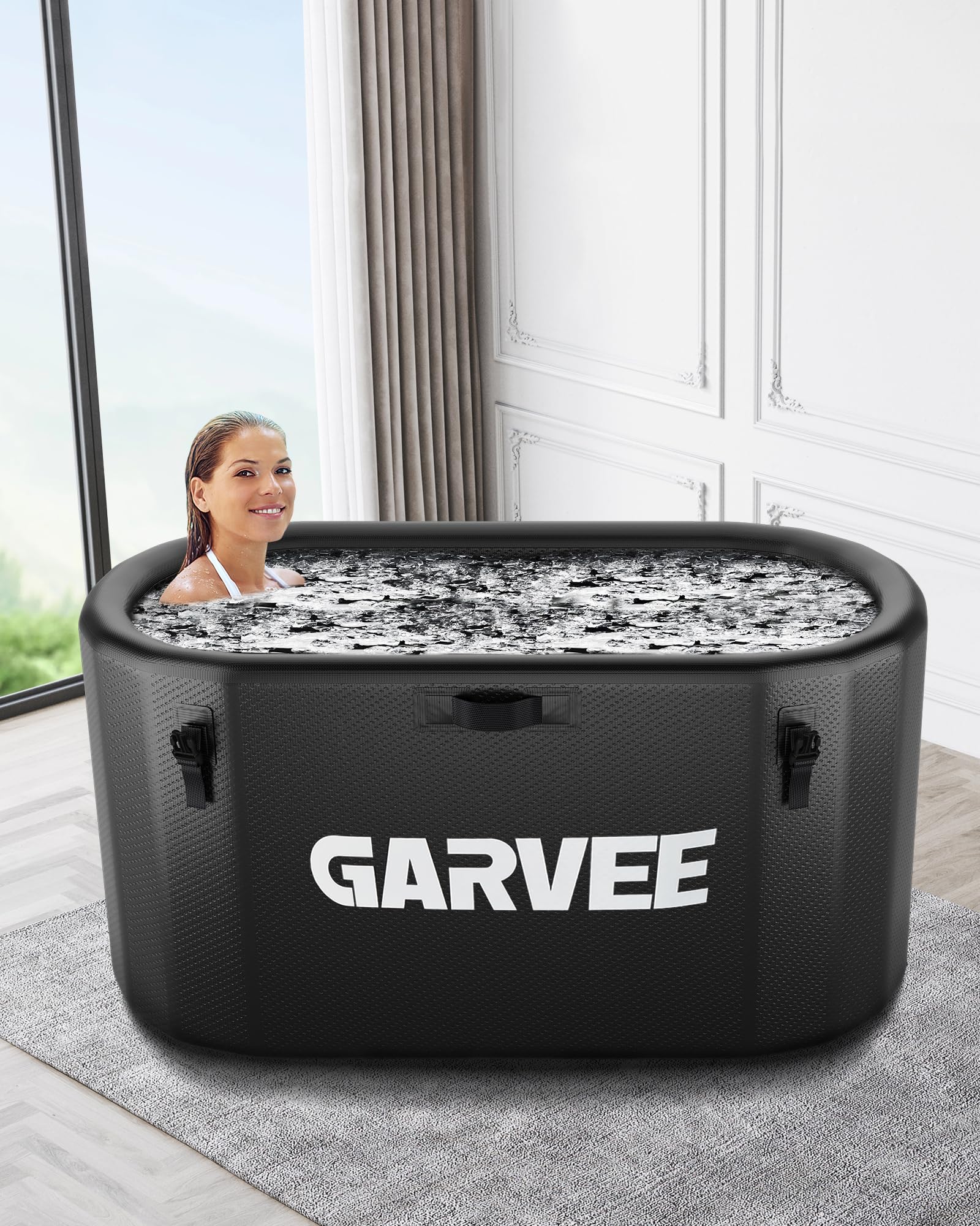 Baignoire balnéo Garvee pour sportifs, 930 litres (248 gallons), ovale, noire, portable, couvercle isolé, en PVC renforcé de fibres de verre résistant aux déchirures