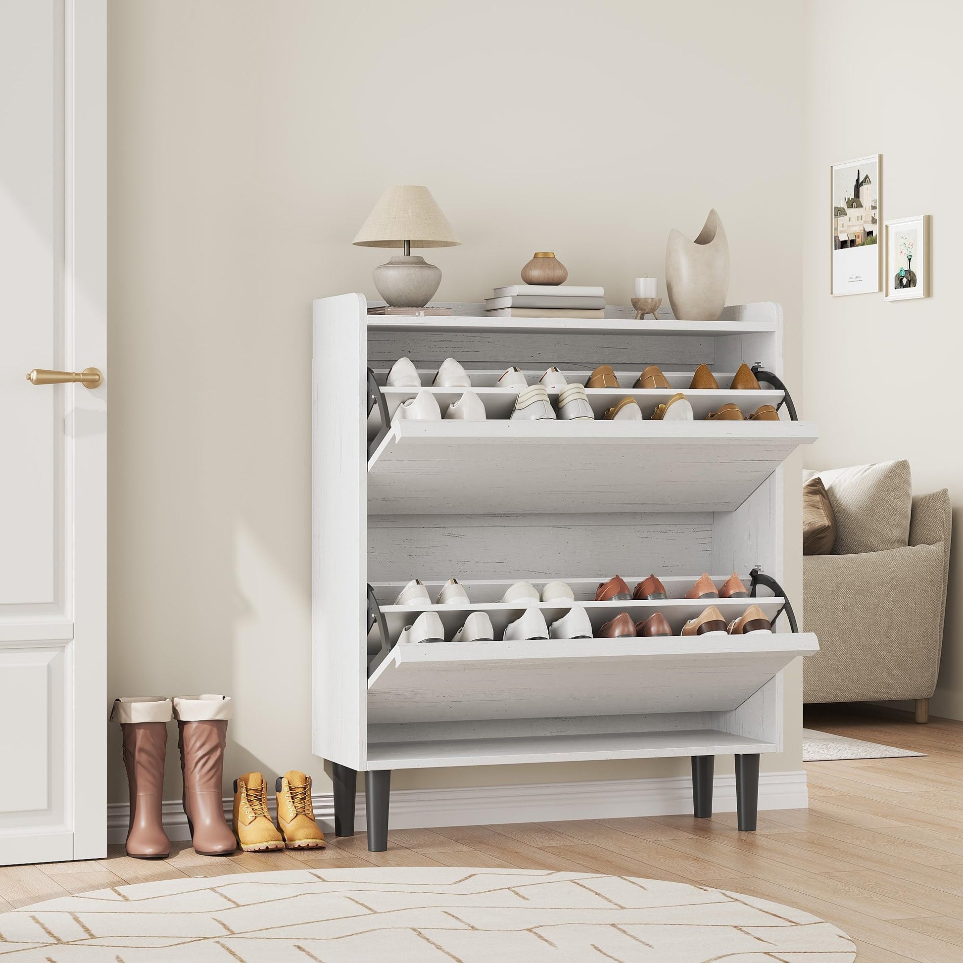 Meuble à chaussures Garvee avec 2 tiroirs abattants, étagère réglable, bois MDF pour entrée et salon, blanc, grand espace de rangement, anti-basculement