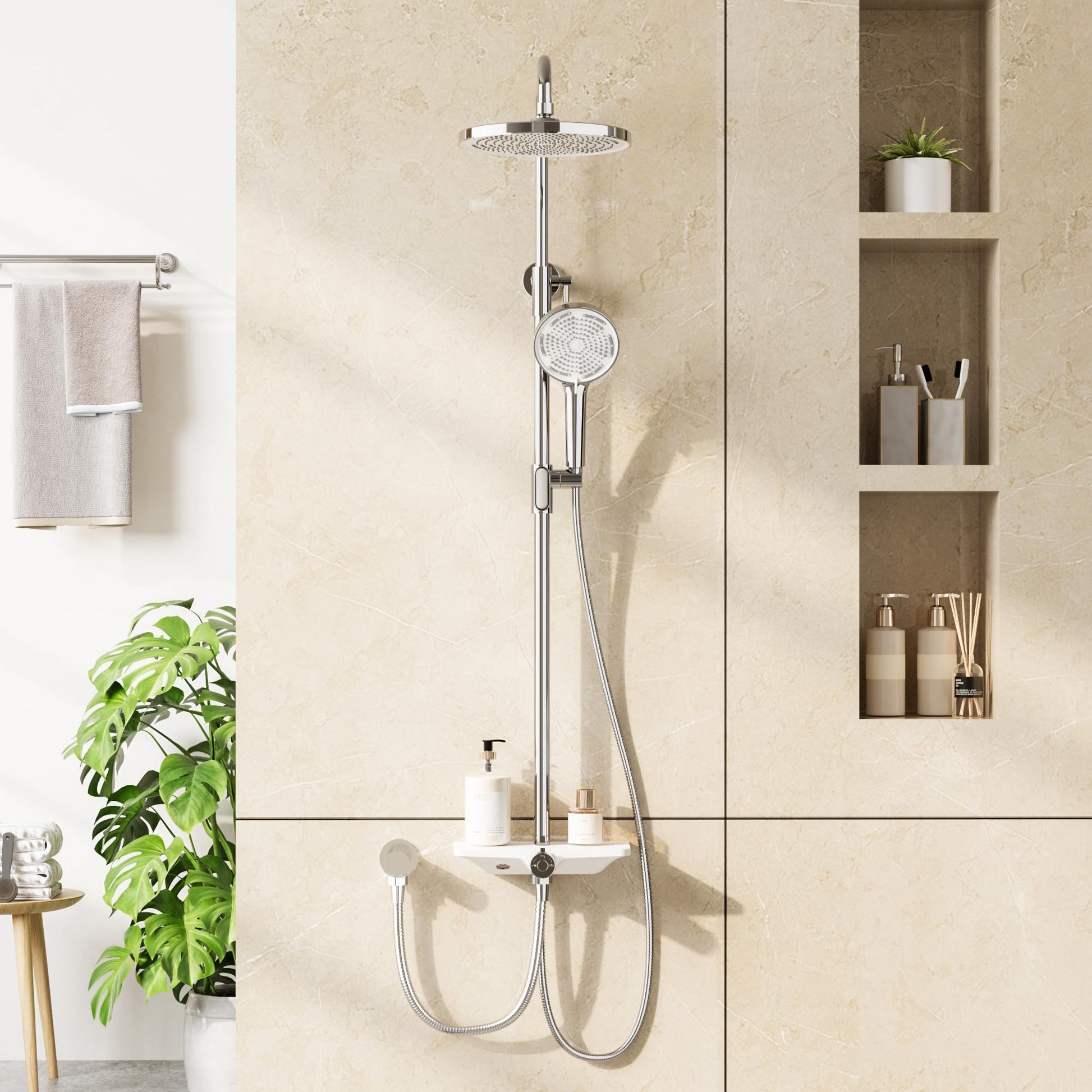 Garvee Colonne de douche réglable 98–130 cm en acier inoxydable 201, pommeau 25 cm, douchette 3 jets, tablette 27 cm, installation facile, chrome et blanc