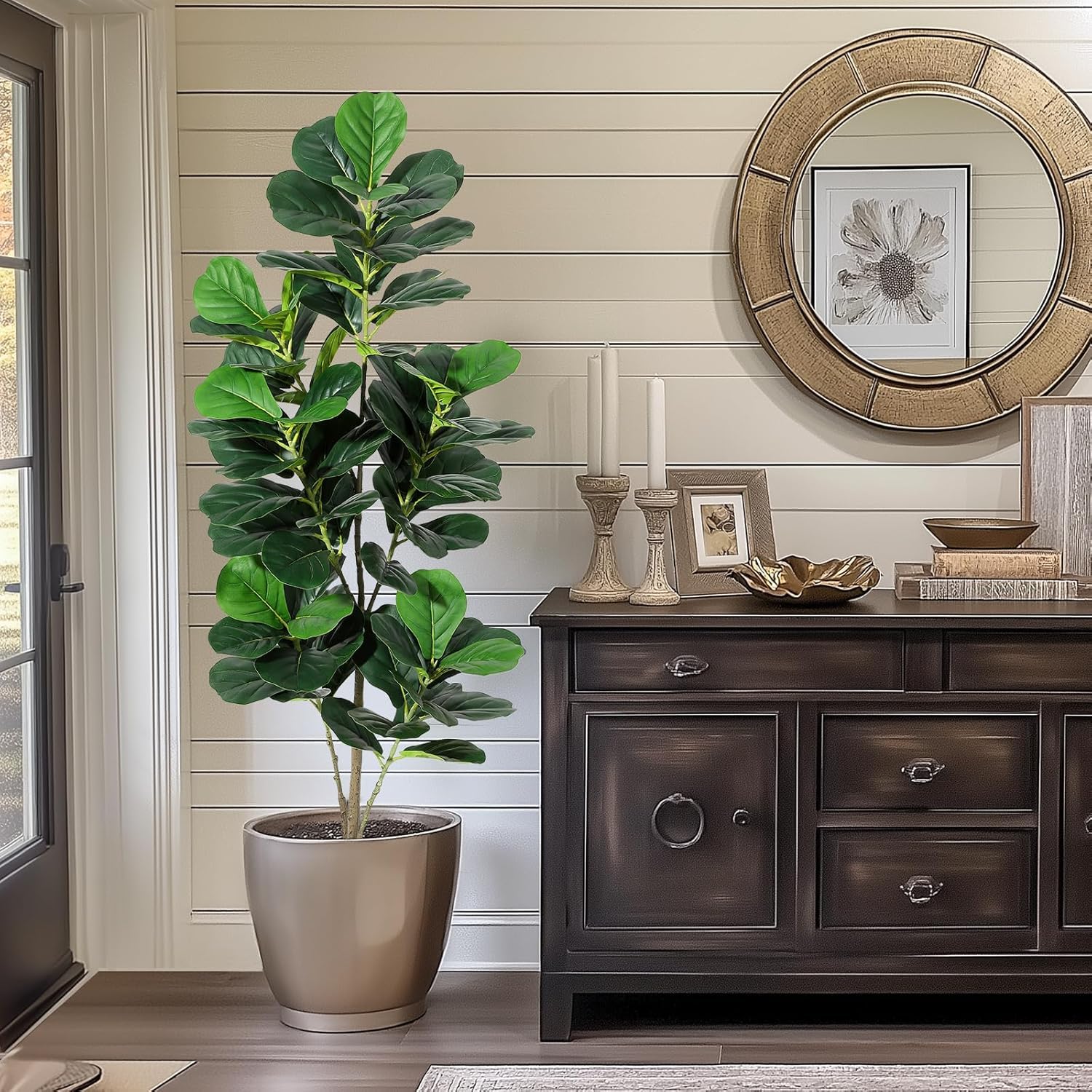 Garvee Ficus lyrata artificiel 152 cm en polyester avec pot blanc, arbre décoratif réaliste et durable pour intérieur et extérieur