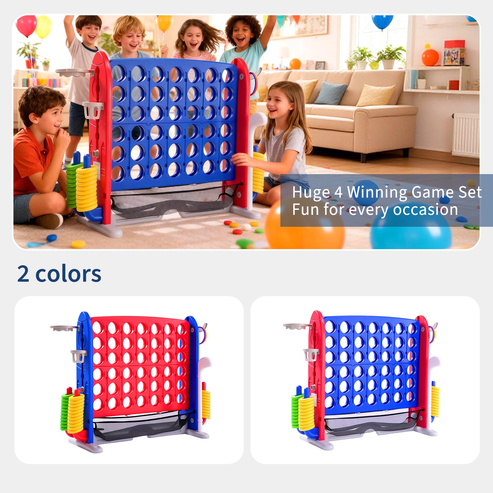 Système de jeu d'extérieur 3-en-1 Garvee Giant 4 Connect in a Row avec panier de basket et jeu de lancer d'anneaux, idéal pour les fêtes de famille, le jardin et la plage. Fabriqué en PE et PP, hauteur réglable et système de fixation rapide.