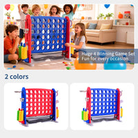 Système de jeu d'extérieur 3-en-1 Garvee Giant 4 Connect in a Row avec panier de basket et jeu de lancer d'anneaux, idéal pour les fêtes de famille, le jardin et la plage. Fabriqué en PE et PP, hauteur réglable et système de fixation rapide.