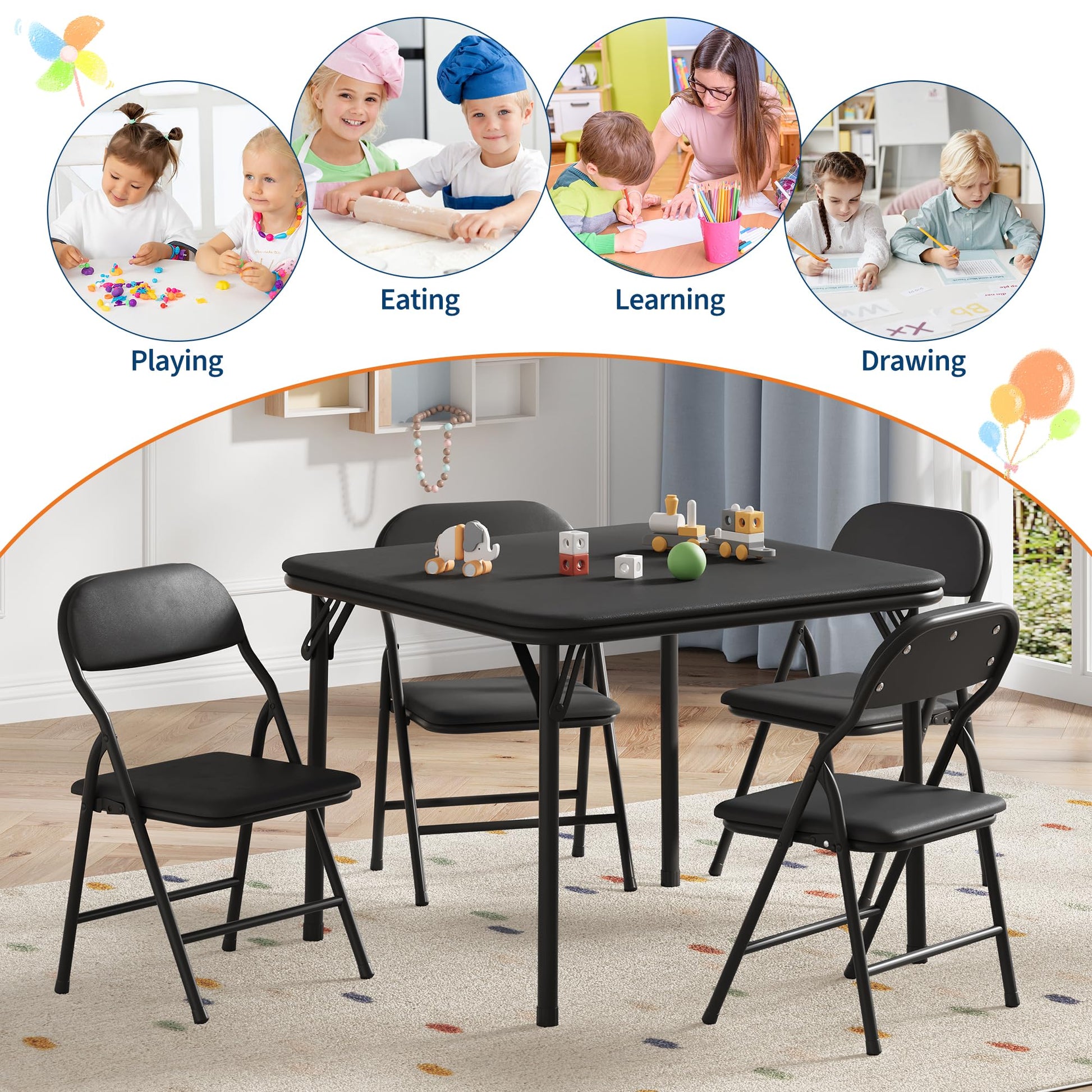 Ensemble table et chaises pour enfants Garvee 5 pièces, pliable, en métal robuste et cuir PU, pour chambres d'enfants et usage extérieur