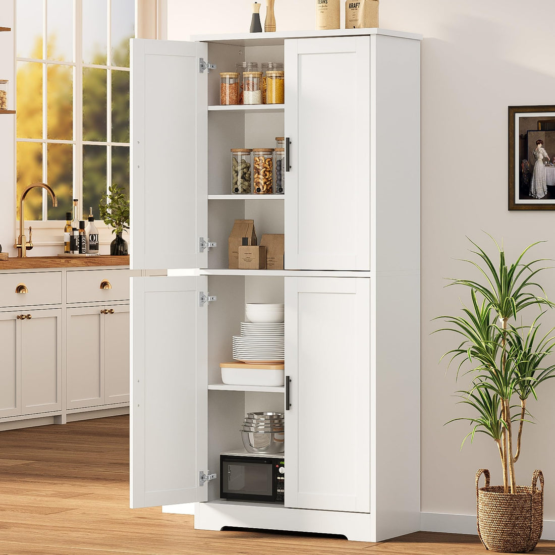 Armoire de cuisine Garvee de 178 cm de haut avec 4 portes et étagères réglables, en bois blanc, pour salle à manger, salle de bain, salon
