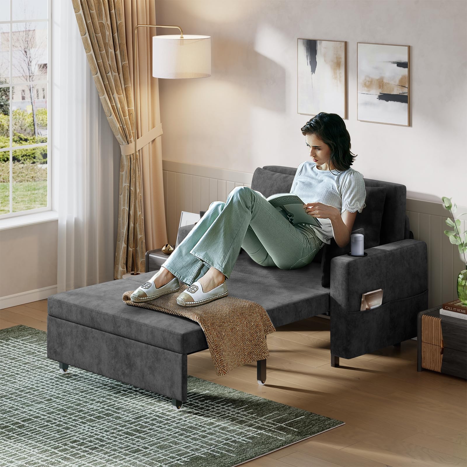 Canapé-lit 3 en 1 Garvee, 2 places, structure en acier, port de chargement USB, idéal pour les petits espaces, 142 cm (56 pouces), noir