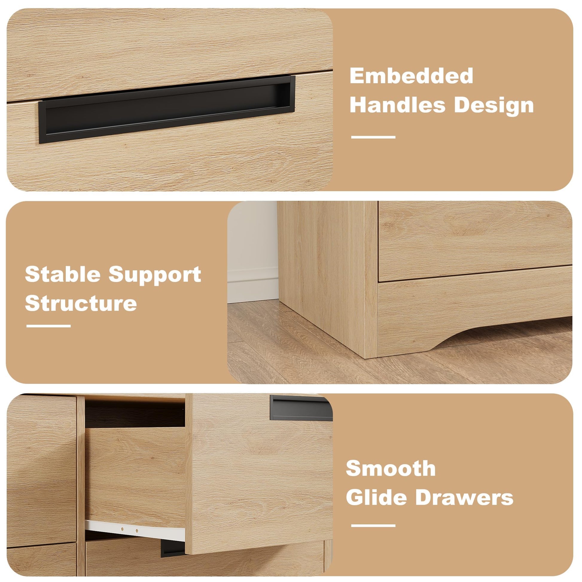 Commode Garvee à 4 tiroirs en bois avec poignées intégrées, idéale pour la chambre et le salon. Robuste, moderne et polyvalente, couleur bois naturel.
