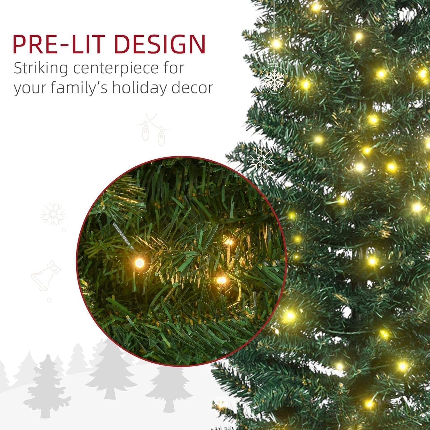 Sapin de Noël Garvee 230 cm pré-illuminé – 250 LED multicolores, sapin crayon en PVC avec pédale et sac de transport