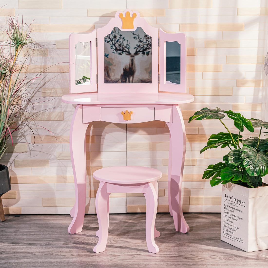 Coiffeuse Garvee pour enfants avec miroir triptyque et tabouret, bureau de maquillage princesse 2 en 1 en bois, ensemble de jeu d'imitation pour tout-petits, rose