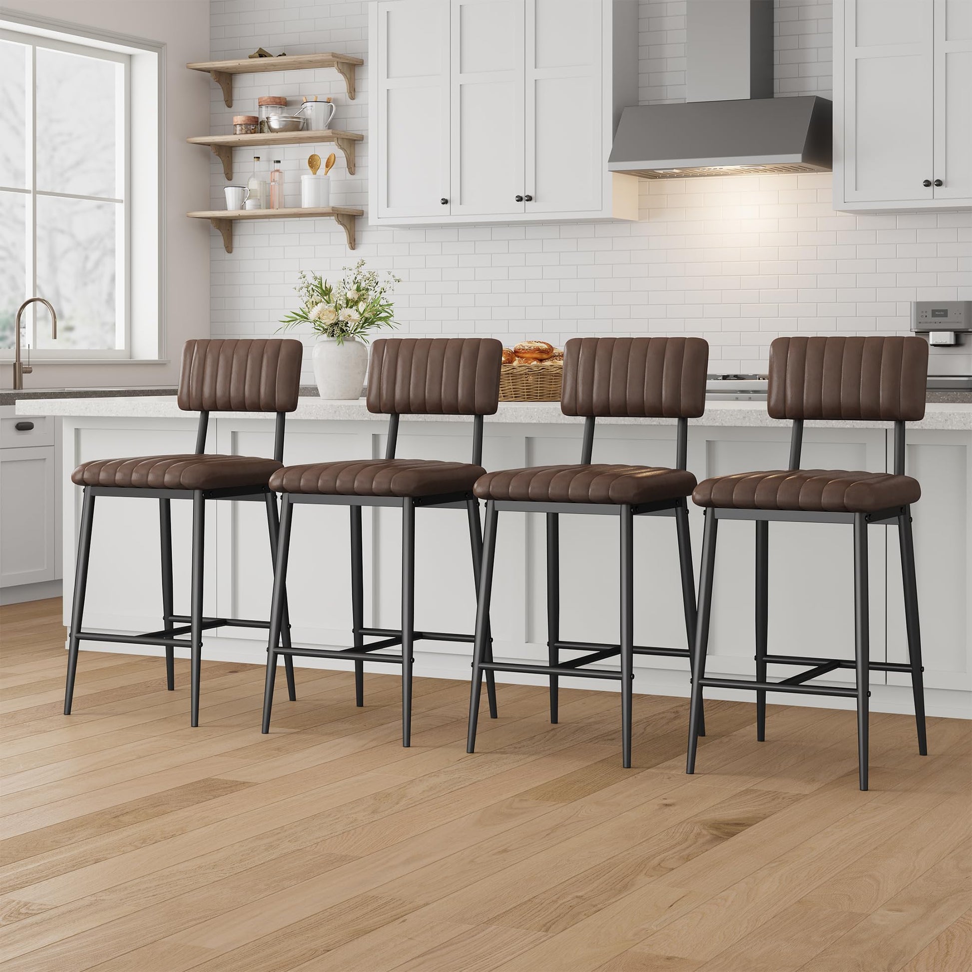 Ensemble de 2 tabourets de bar Garvee, revêtement en similicuir, rembourrage épais, pieds en métal, pour cuisine et îlot central, 65 cm, noir