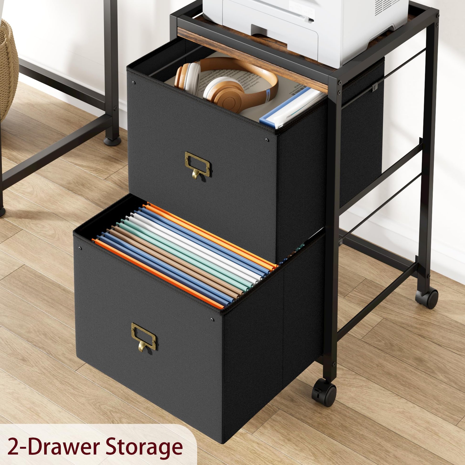Garvee Caisson de classement mobile 2 tiroirs en tissu, cadre métal, plateau MDF, imperméable et anticorrosion, roulettes, idéal bureau maison.