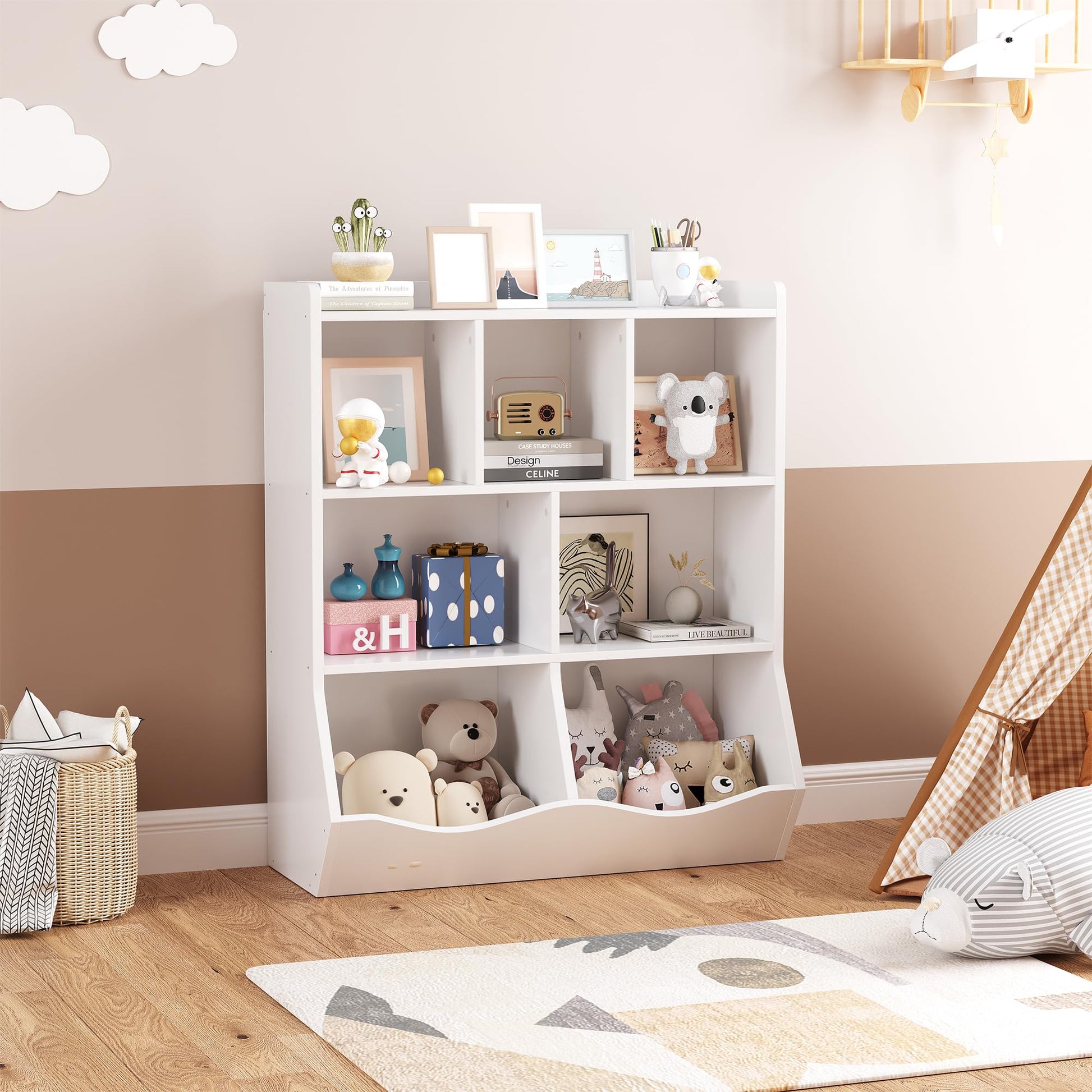 Meuble de rangement pour jouets Garvee blanc, bibliothèque pour enfants, 3 niveaux, anti-basculement, en bois robuste, salle de jeux