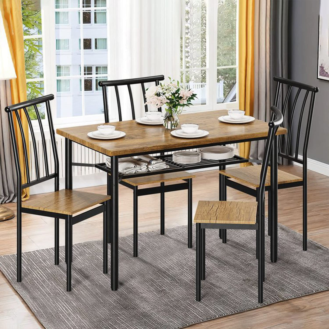 Ensemble table et chaises Garvee pour 4 personnes avec casier à vin, métal et bois, rectangulaire, brun rouille, gain de place pour les petites pièces et les appartements