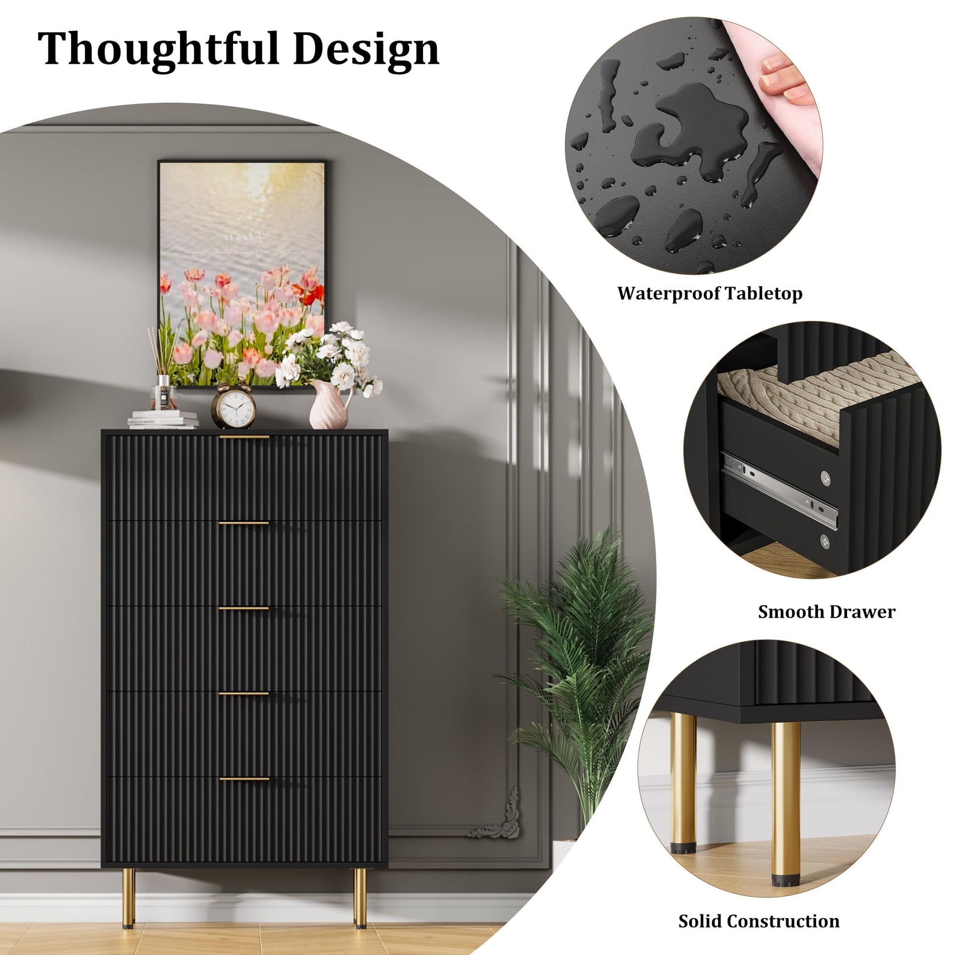 Garvee commode moderne à 5 tiroirs avec panneau cannelé, bois MDF, poignées en métal, pour chambre et couloir, 66 × 33 × 12 cm, noir