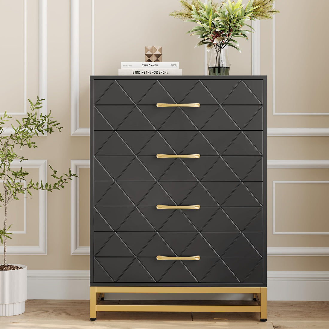 Garvee commode noire à 4 tiroirs avec poignées en métal, idéale pour la chambre, le bureau ou le salon, dimensions 61 cm × 40 cm × 92 cm, design moderne en bois