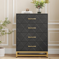 Commode Garvee noire à 4 tiroirs avec poignées en métal, idéale pour la chambre, le bureau ou le salon. Dimensions : 60,7 cm x 40,1 cm x 92 cm. Design moderne en bois.