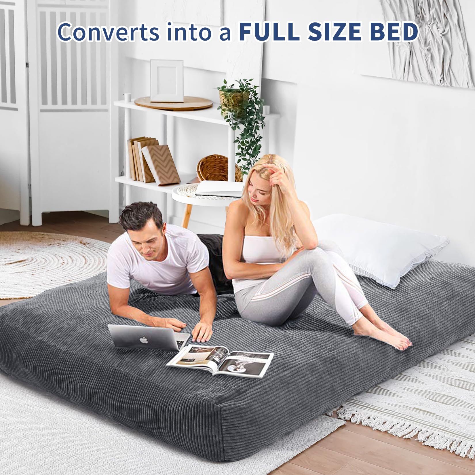 Pouf géant Garvee pour adultes, convertible en lit pouf 2 en 1, housse en velours côtelé lavable, gris clair, pour salon et chambre.