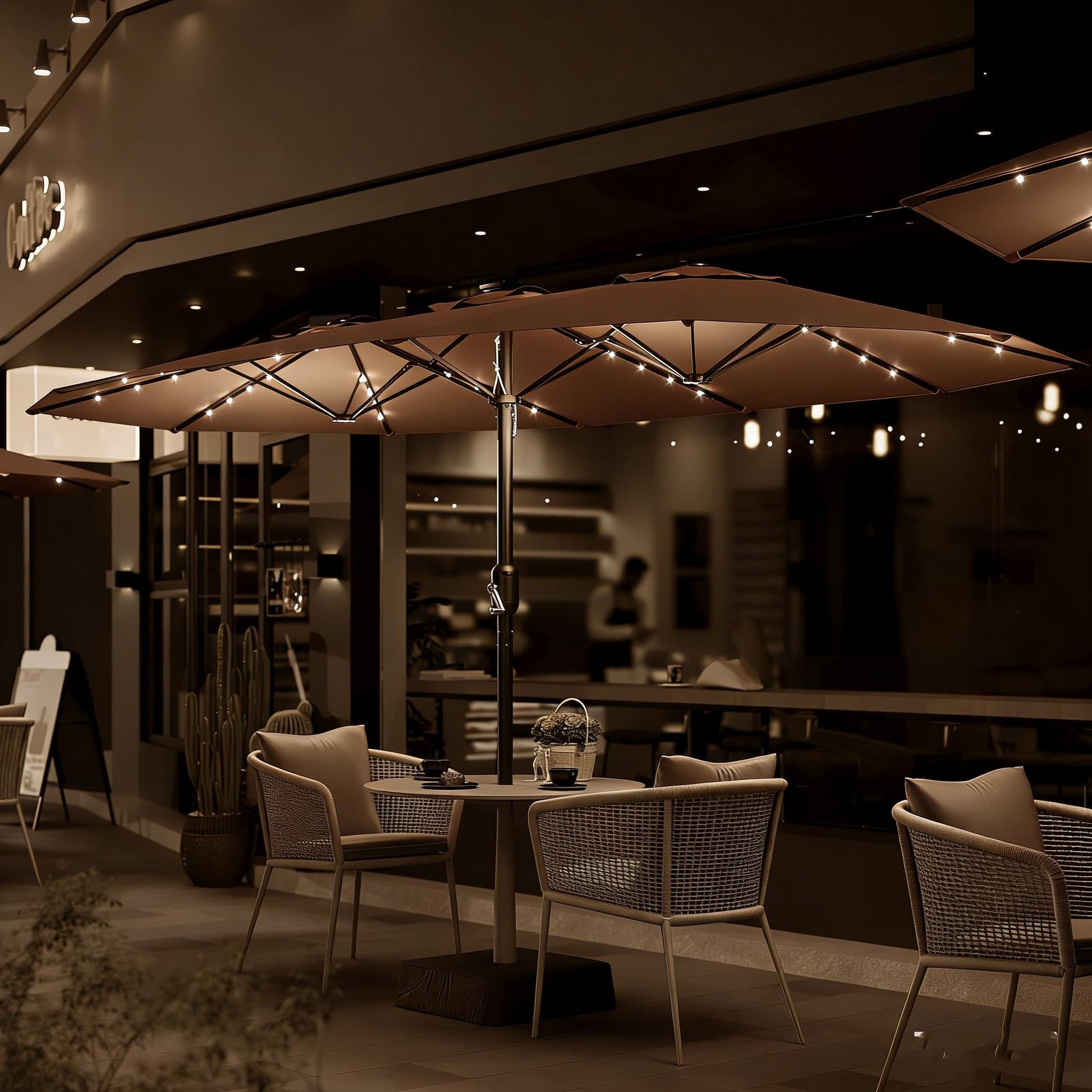 Garvee Parasol de Jardin 270 × 450 cm avec LED et Recharge Solaire, Protection UV, Toile Polyester Imperméable, Cadre en Fer Antirouille, Inclinaison Réglable