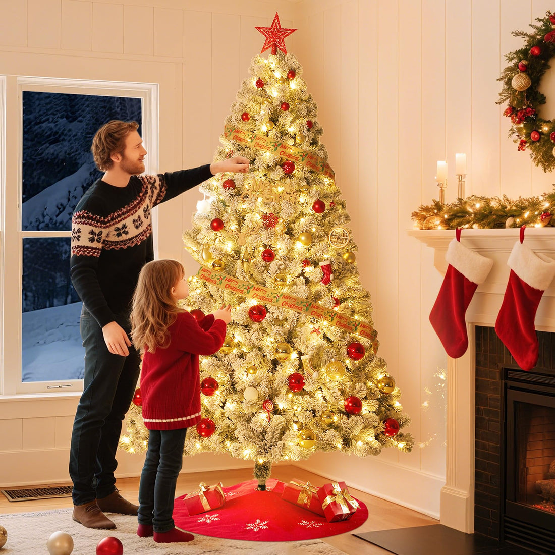 Sapin de Noël artificiel Garvee de 225 cm avec 550 LED, en PE/PVC de qualité supérieure, idéal pour les grandes pièces et les fêtes de Noël.