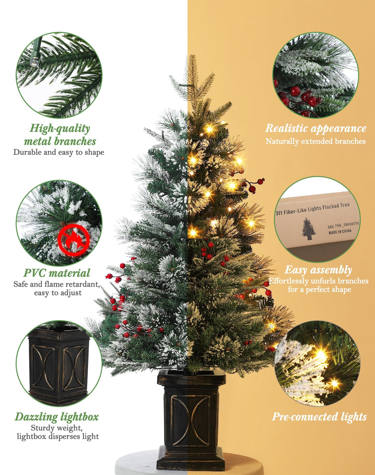 Garvee sapin de Noël artificiel, lot de 2, 90 cm, 78 LED à fibre optique (blanc chaud), 8 modes d'éclairage, base semi-circulaire