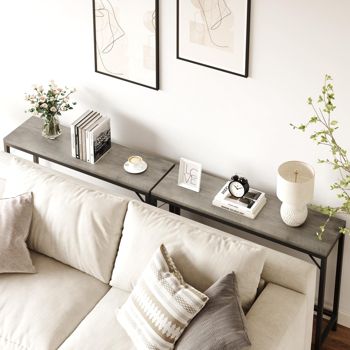 Console Garvee grise, table d'appoint étroite, style industriel, 100 cm L x 23 cm x 80 cm H, MDF et métal, robuste, polyvalente, salon et entrée