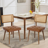 Ensemble de 2 chaises de salle à manger Garvee en rotin style Mid-Century, avec dossier tissé à la main, assise rembourrée, structure en bois et revêtement en similicuir marron, pour la cuisine et la salle à manger. - vert