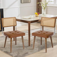 Ensemble de 2 chaises de salle à manger Garvee en rotin style Mid-Century, avec dossier tissé à la main, assise rembourrée, structure en bois et revêtement en similicuir marron, pour la cuisine et la salle à manger.