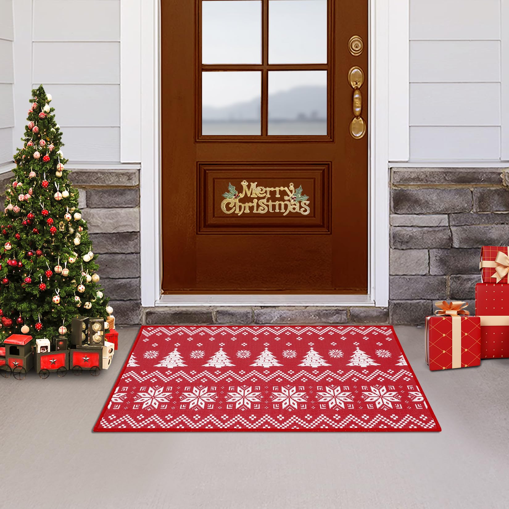 Tapis de Noël lavable Garvee rouge à motif cœur, antidérapant, 50 x 80 cm, pour l'intérieur et l'extérieur. Décoration de Noël.