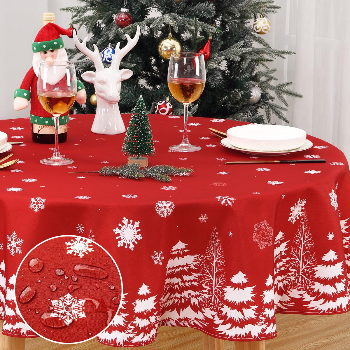 Garvee Nappe de Noël ronde à motif flocons de neige et épingles, déperlante, en polyester, idéale pour les fêtes de Noël et du Nouvel An, Rouge, 152 cm