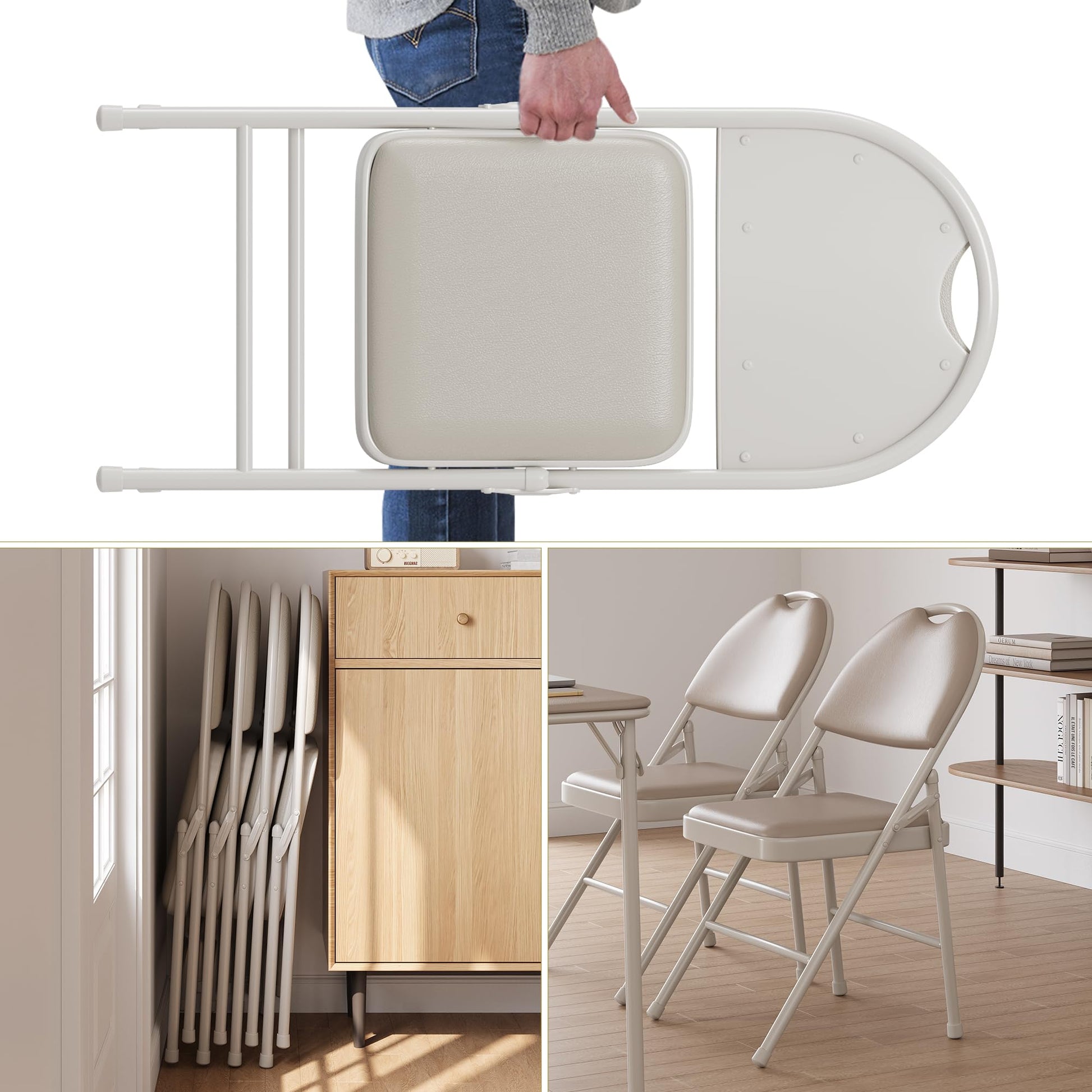 Ensemble de 4 chaises pliantes Garvee avec assise rembourrée en PU, pieds en métal, patins antidérapants, beige, empilables et ergonomiques, idéales pour le bureau et les événements.