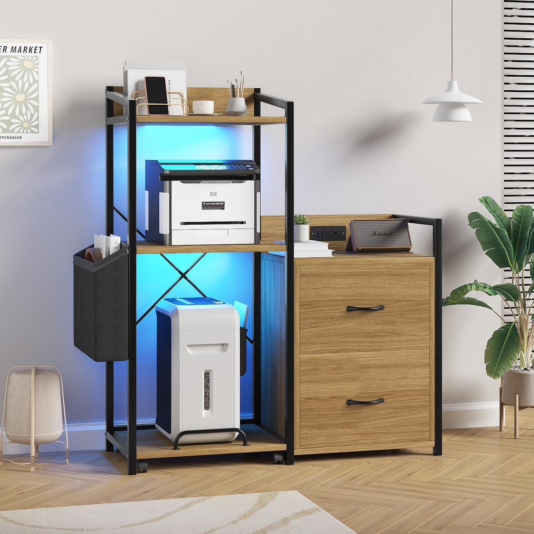 Garvee Support d'imprimante industriel à 3 niveaux avec tiroirs, éclairage LED et fonction de chargement pour une organisation optimale au bureau. construction robuste en bois massif offrant un grand