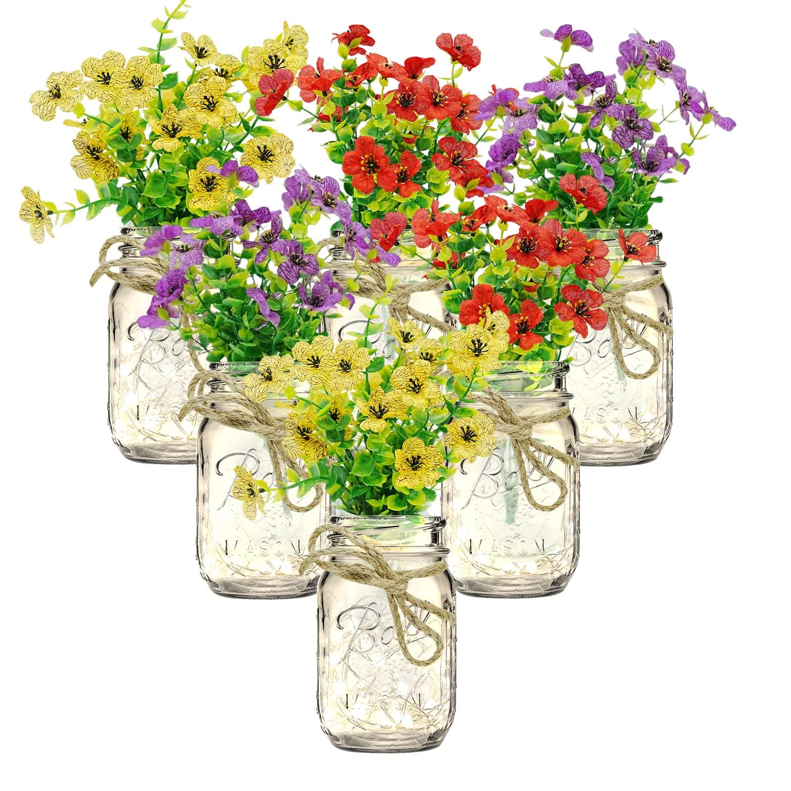 Garvee Ensemble de 6 bocaux Mason décoratifs avec fleurs, lumières LED, verre et ruban de jute pour mariage et fête, 500 ml, transparent