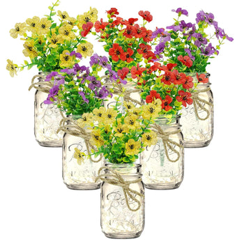 Garvee Ensemble de 6 bocaux Mason décoratifs avec fleurs, lumières LED, verre et ruban de jute pour mariage et fête, 500 ml, transparent