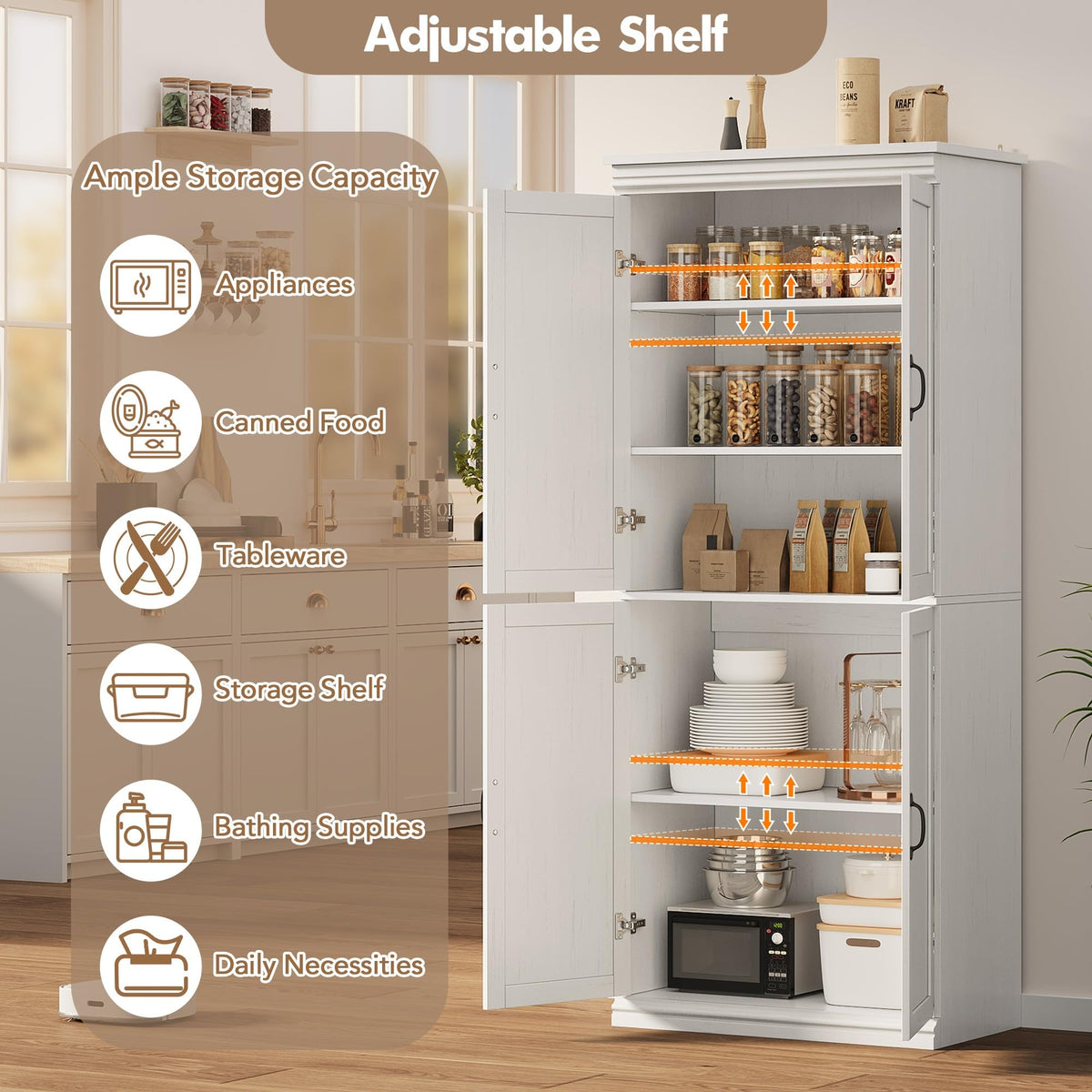 Armoire de rangement Garvee Pantry 70" avec portes et étagères réglables pour la cuisine et le salon, en MDF P2, robuste, anti-basculement, teinte bois neutre