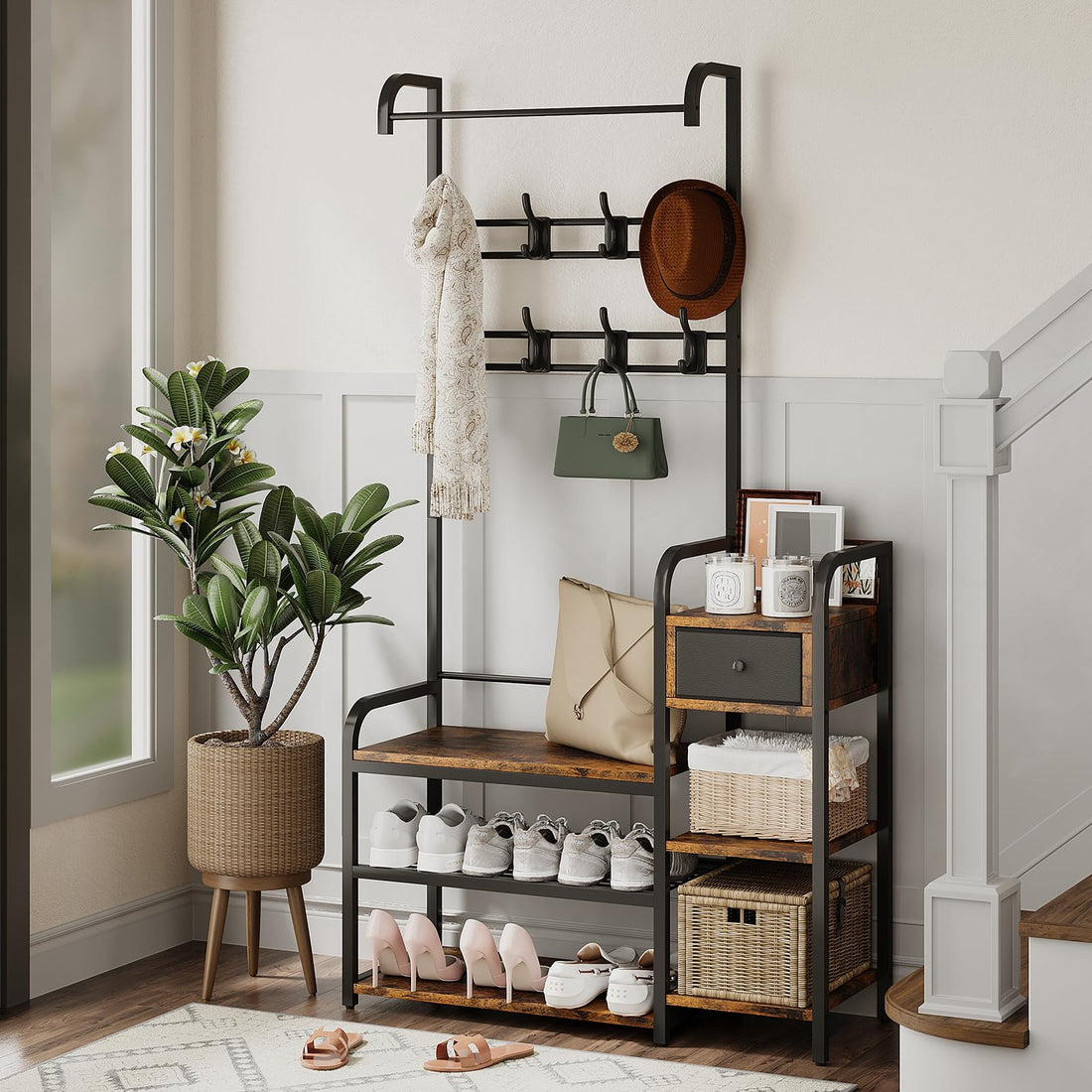 Armoire-penderie 3 en 1 Garvee avec étagère à chaussures et tiroir pour entrée et couloir, bois et métal, style ferme moderne, noir et blanc, gain de place