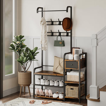 Armoire-penderie 3 en 1 Garvee avec étagère à chaussures et tiroir pour entrée et couloir, bois et métal, style ferme moderne, noir et blanc, gain de place