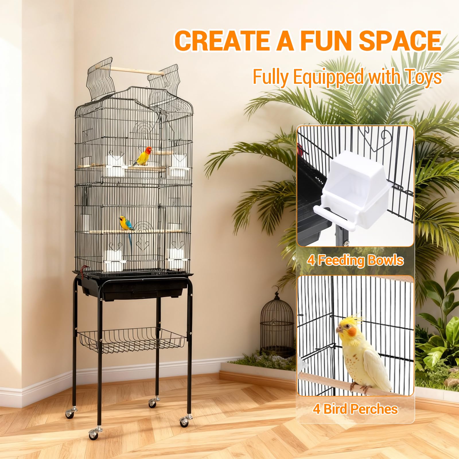 Cage à oiseaux Garvee avec plateforme de jeu, support à roulettes amovible, en métal, pour usage domestique et commercial, grand modèle, argentée