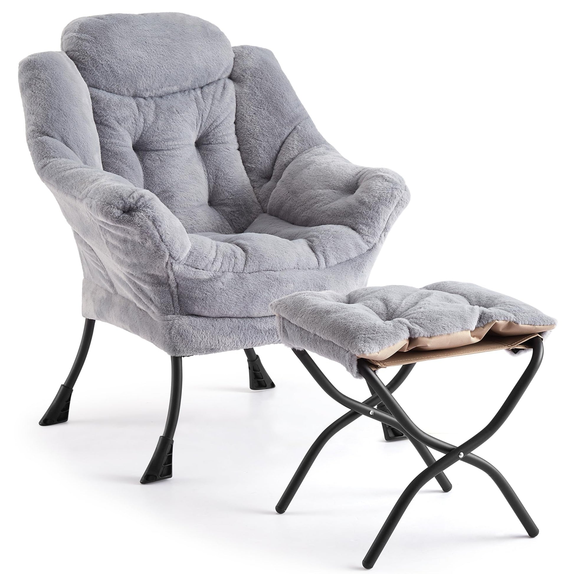 Fauteuil relax Garvee avec repose-pieds, ergonomique et robuste, revêtement en imitation fourrure de lapin, gris clair, pour salon et bureau.
