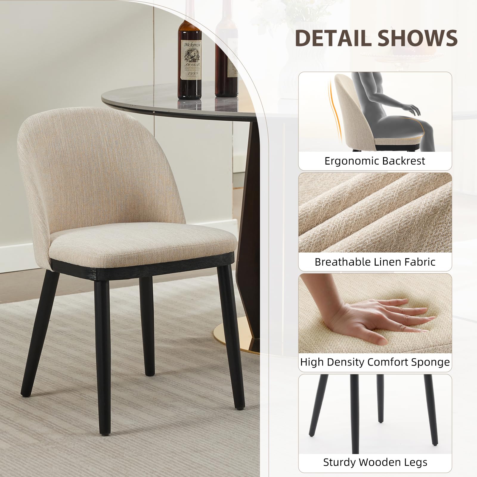 Chaises de salle à manger rembourrées Garvee, lot de 2, beige, style moderne, coussins épais, pieds en bois, dossier ergonomique, pour cuisine et café