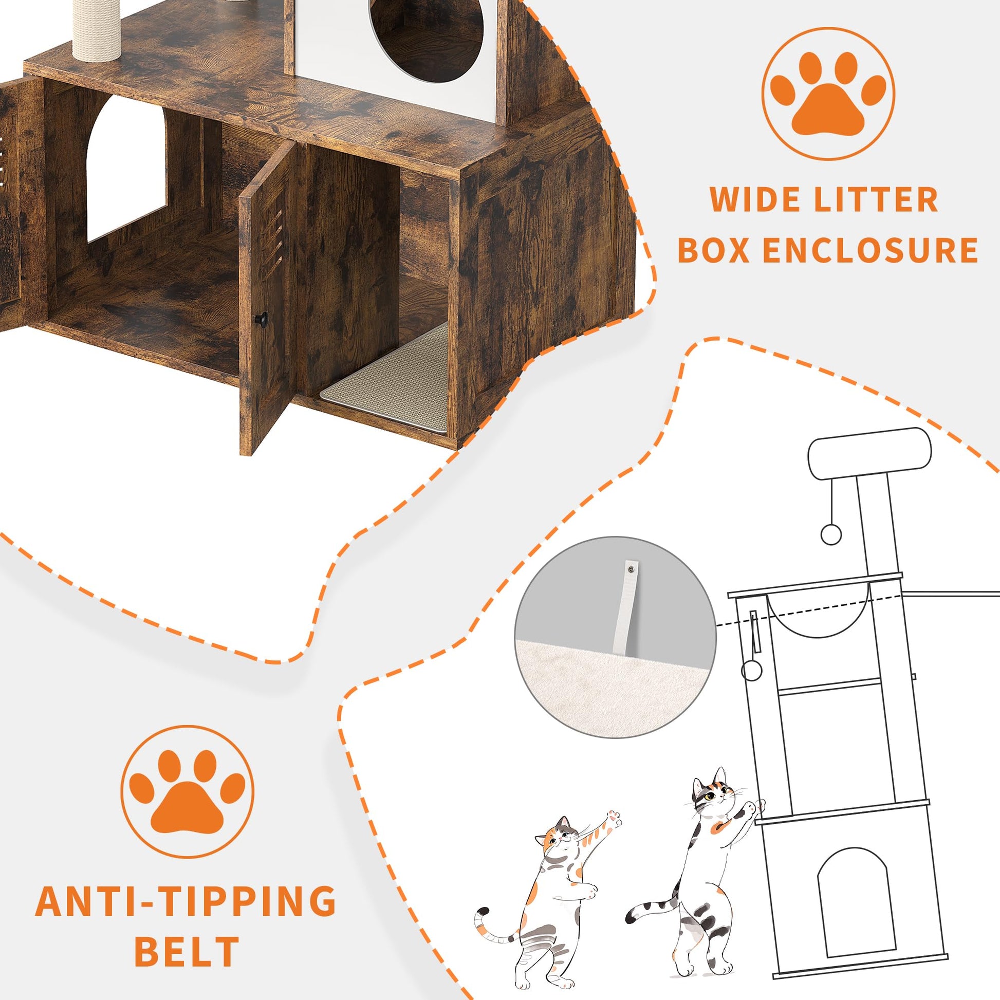 Meuble pour chat Garvee avec bac à litière, griffoir et hamac, style rustique marron, idéal pour un salon à plusieurs étages