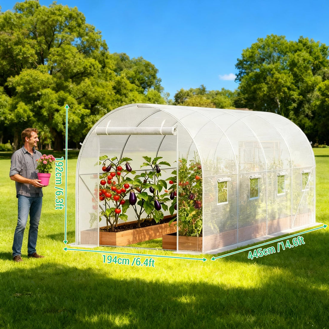 Serre tunnel Garvee avec structure en acier robuste, couverture en PE et porte grillagée pour jardin et agriculture, 4,45 x 1,95 x 1,92 m