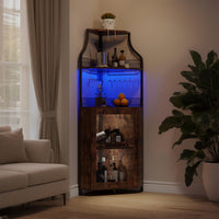 Garvee Meuble bar d'angle pour spiritueux avec étagères réglables, 155 cm, style industriel, MDF et métal, porte grillagée, porte-verres, autoportant, cuisine et salon