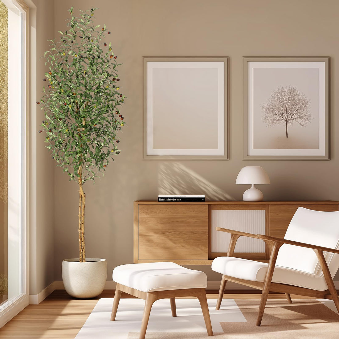 Olivier artificiel Garvee de 2,13 m (7 pi) avec 2 troncs en bois, 1152 feuilles en soie, pot en ciment blanc, décoration de salon, branches ajustables, vert réaliste
