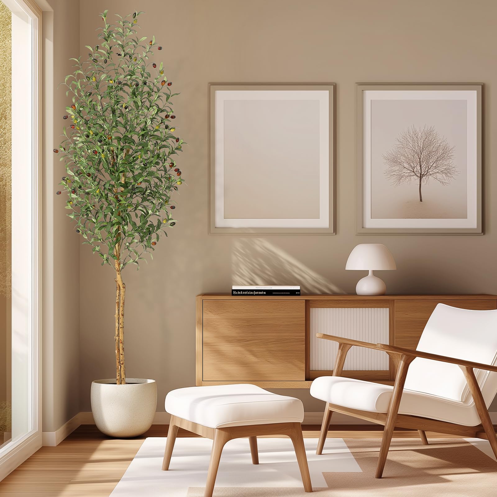 Olivier artificiel Garvee de 2,13 m (7 pi) avec 2 troncs en bois, 1152 feuilles en soie, pot en ciment blanc, décoration de salon, branches ajustables, vert réaliste