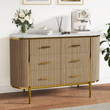 Garvee commode 6 tiroirs cannelée en chêne avec dessus marbre synthétique, poignées dorées, pour chambre et salon, 120 × 40 × 80 cm, naturel