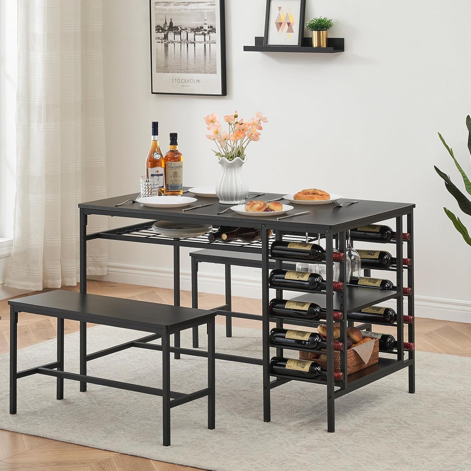Ensemble de salle à manger Garvee pour 4 personnes avec casier à vin, espace de rangement, métal et bois, gain de place, robuste, idéal pour les petites pièces