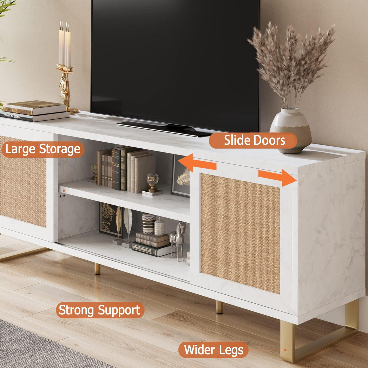 Garvee Meuble TV en rotin blanc moderne 168 cm avec rangement, portes en rotin, pieds dorés pour salon et chambre