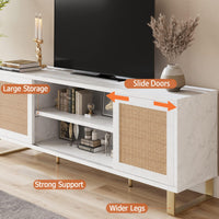 Garvee Meuble TV en rotin blanc moderne 168 cm avec rangement, portes en rotin, pieds dorés pour salon et chambre